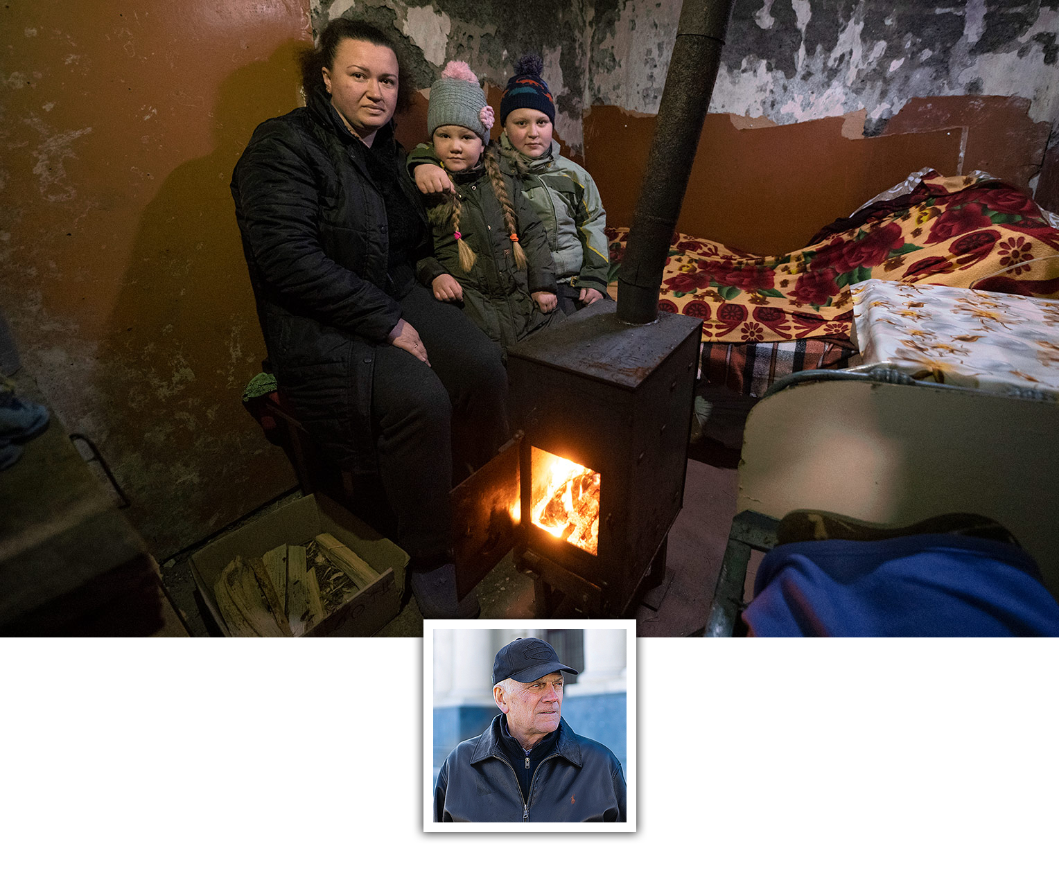 Family warms by stove provided by Samaritan's Purse