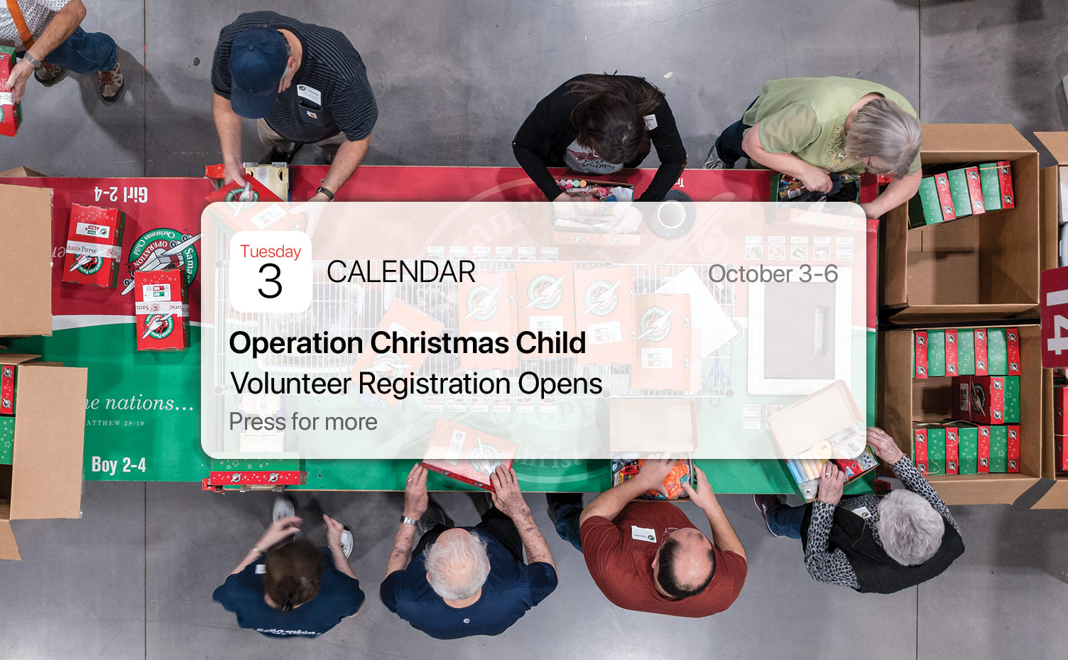 Operation Christmas Child Volunteers Pack Shoeboxes - Volunteer Registration Opens October 3-6