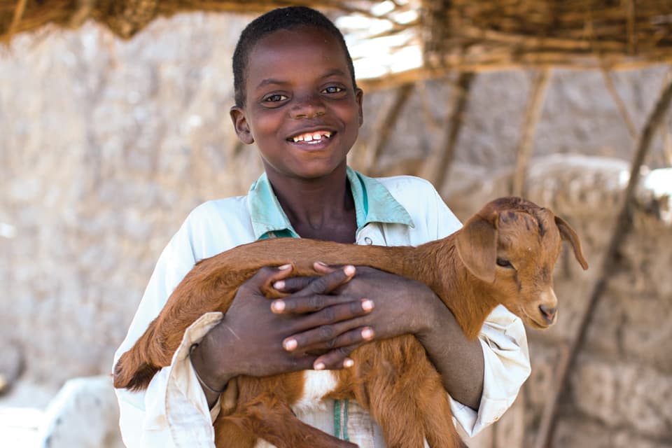 Boy holding goat while smiling.