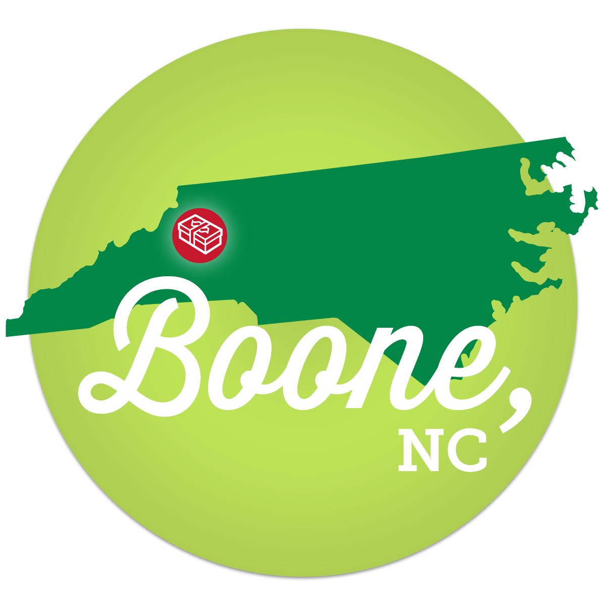 Illustration of California with shoebox icon - Boone, NC.