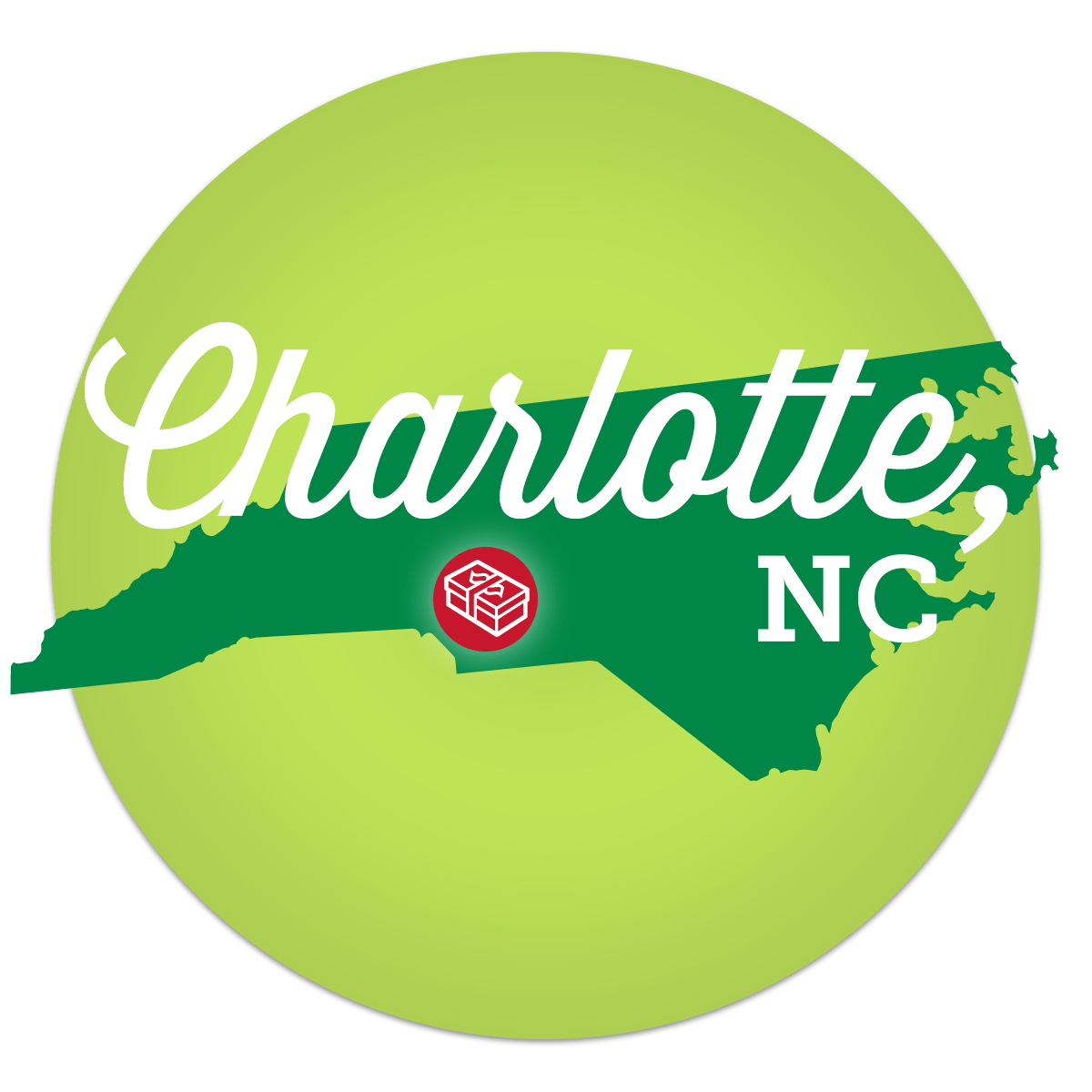 Illustration of California with shoebox icon - Charlotte, NC.