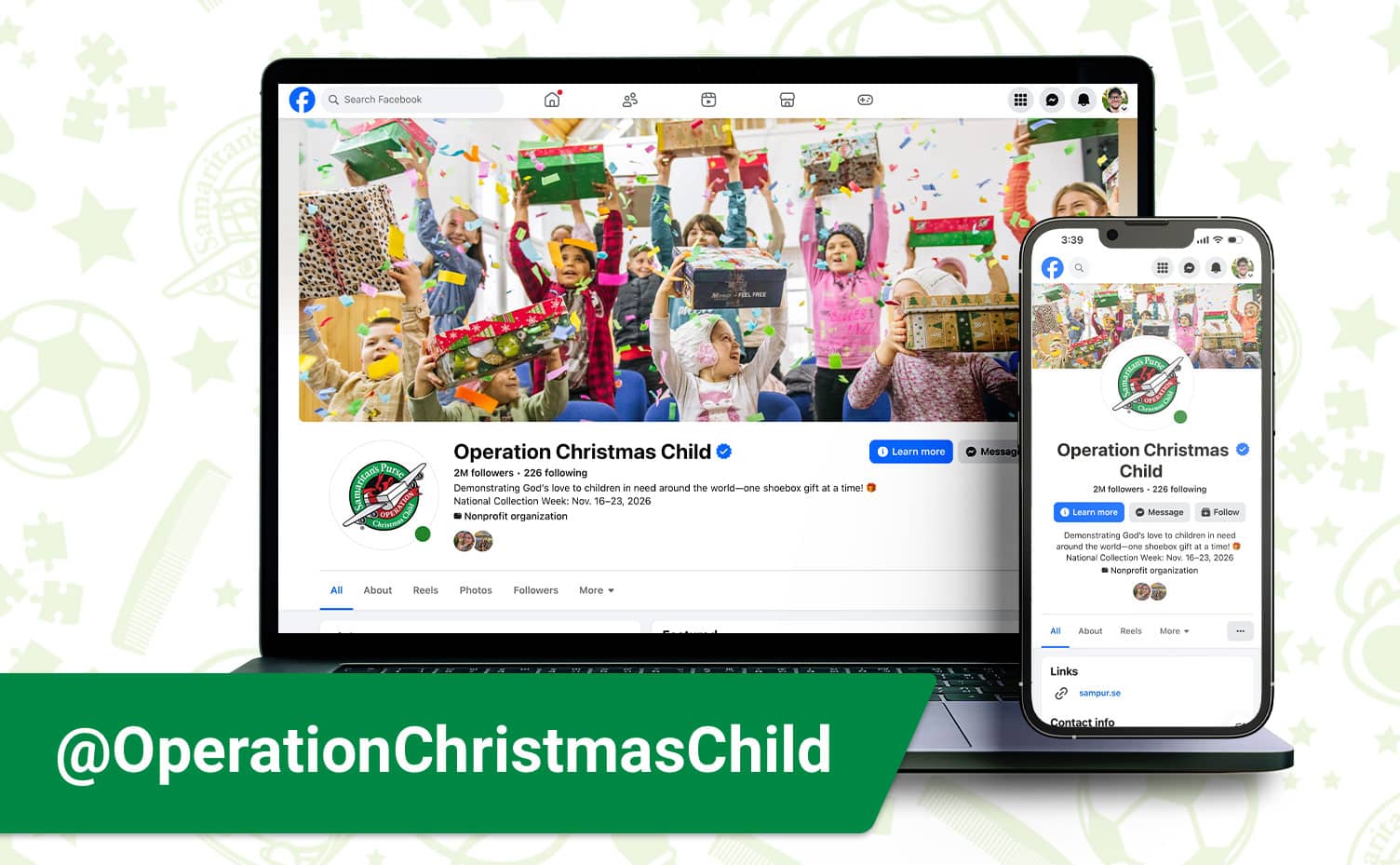 Social image. @OperationChristmasChild. A computer and phone with a social media page.