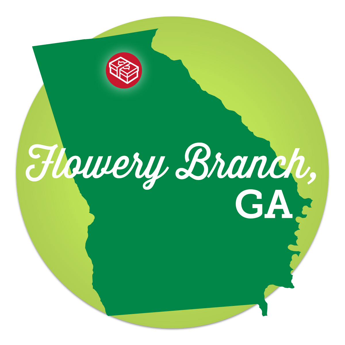 Illustration of Georgia with shoebox icon - Flowery Branch, GA.