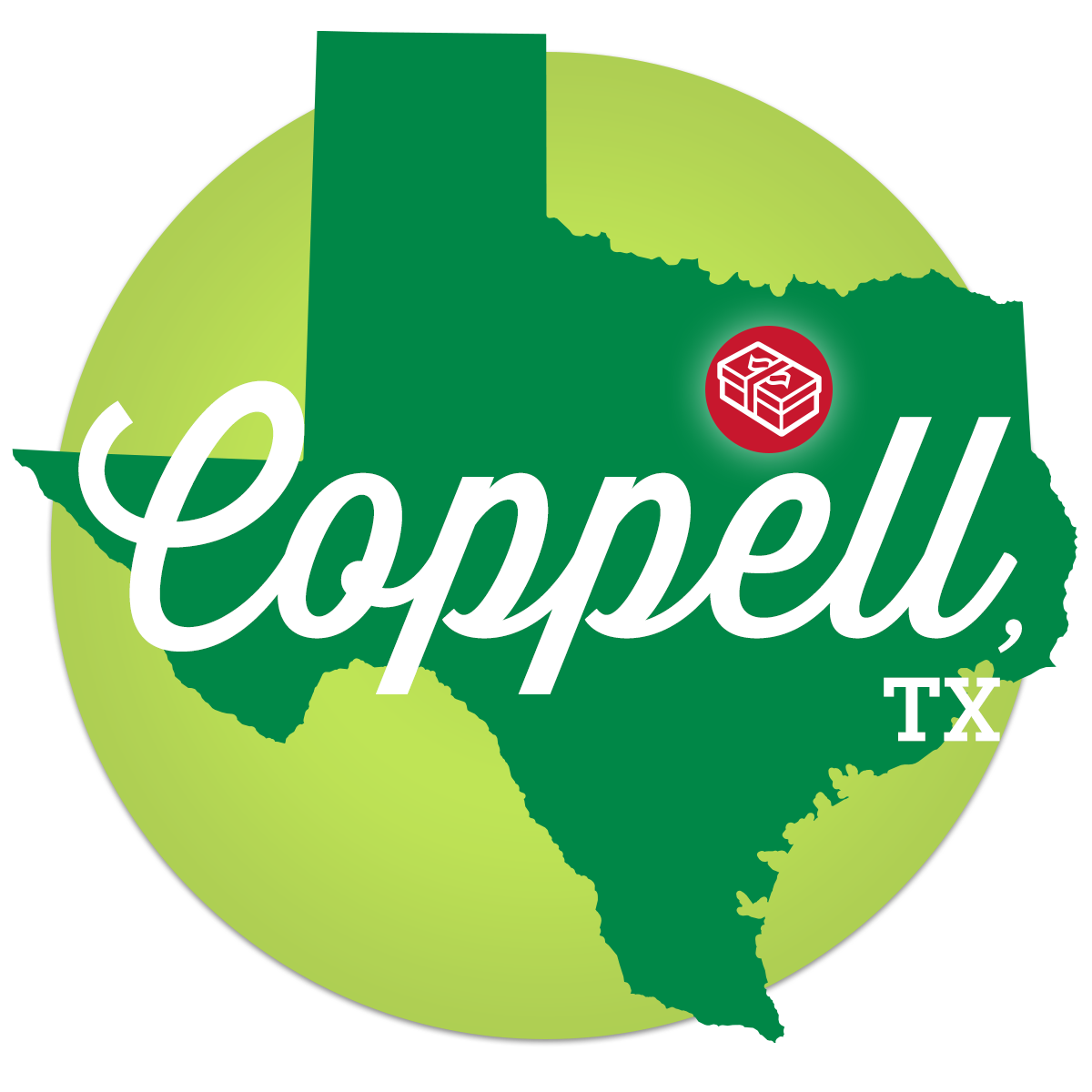 Illustration of Texas with shoebox icon - Coppel, TX.