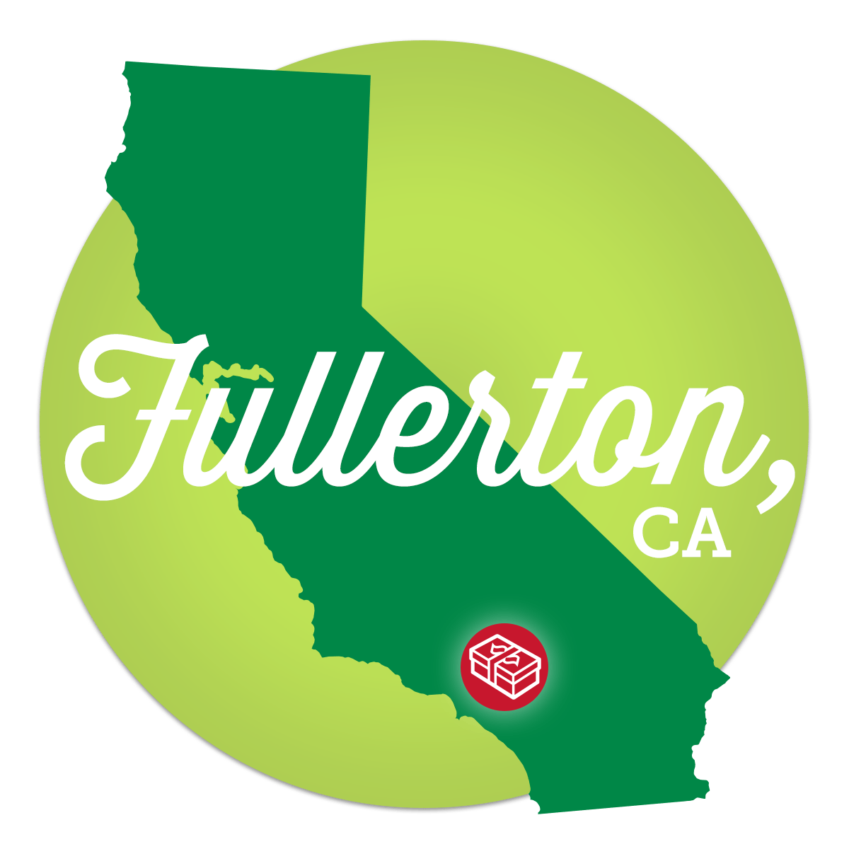Illustration of California with shoebox icon - Fullerton, CA.