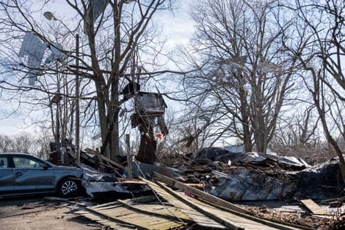 Trash and debris handing from tree.